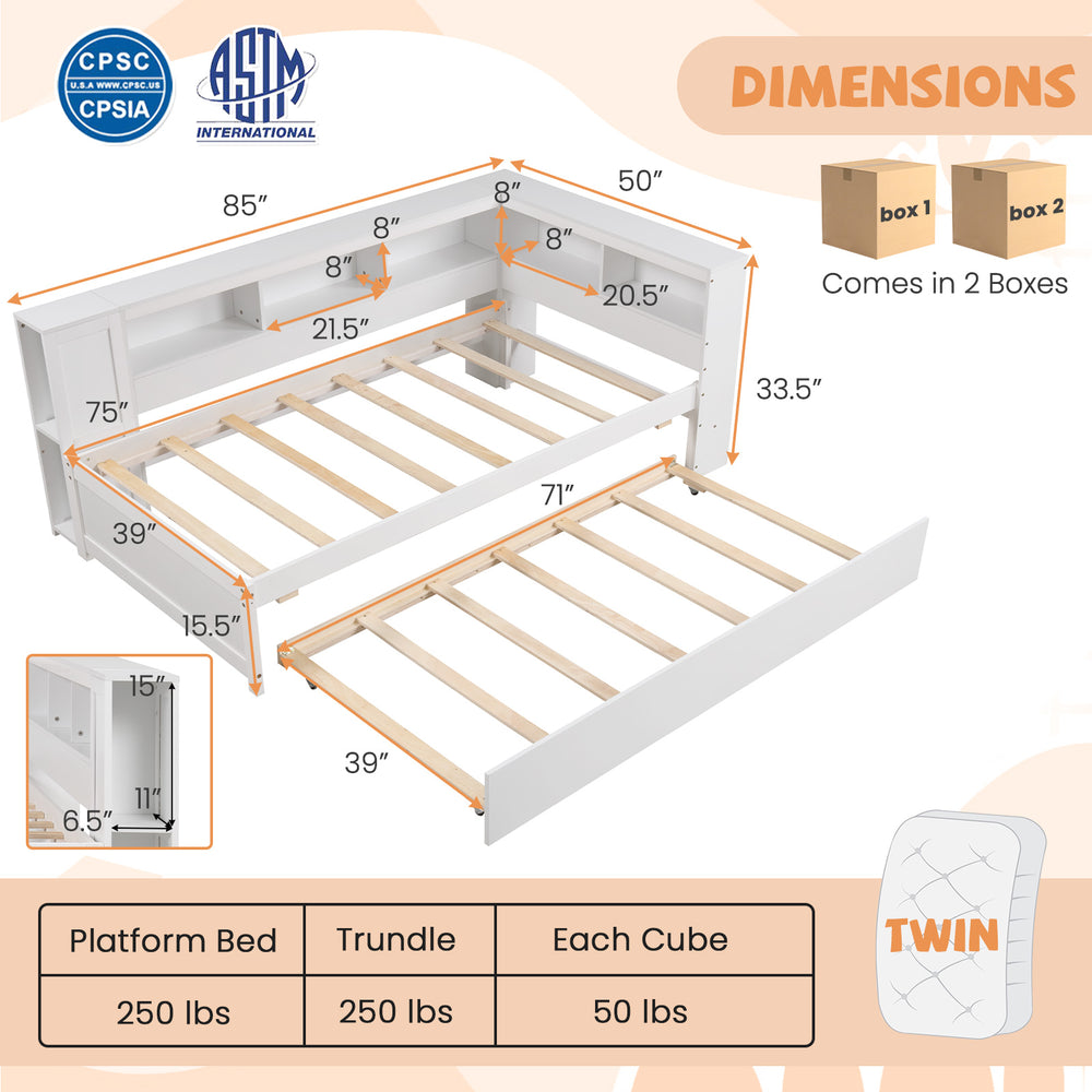 Twin size daybed platform bed frame in white with trundle, shelves, and storage cubes for versatile bedroom use.