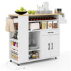 Rolling kitchen island cart in white and natural wood with ample storage, power outlets, and wheels for easy mobility.
