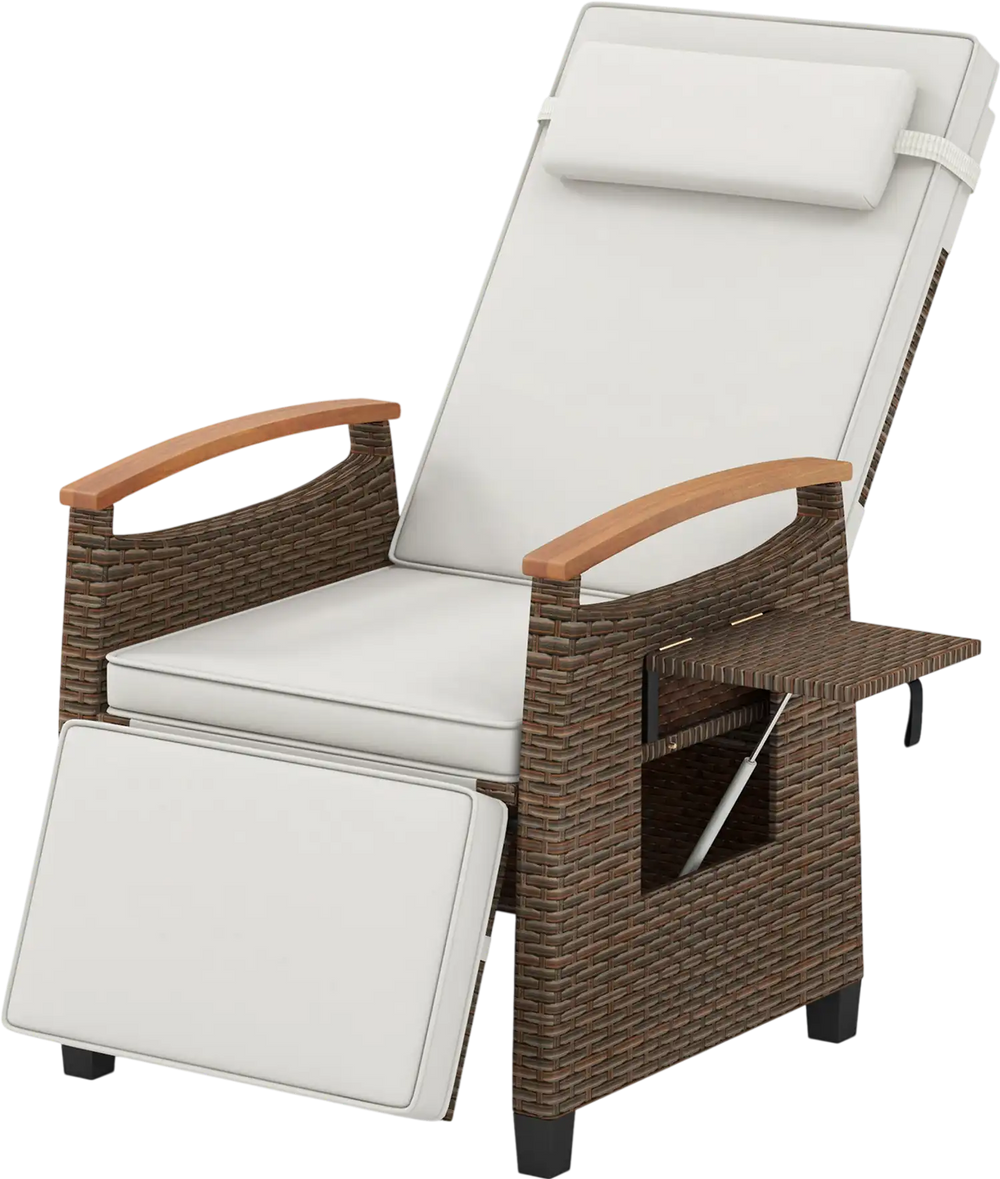 Patio wicker recliner chair with adjustable backrest and footrest, featuring PE rattan and a flip side table for.