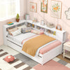 Twin size daybed with trundle and white bookshelf headboard, featuring ample storage for kids' rooms.