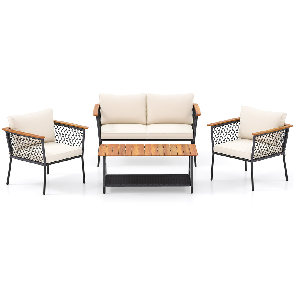 4-piece patio rattan furniture set with white cushions, featuring a 2-tier coffee table and sturdy acacia wood accents.
