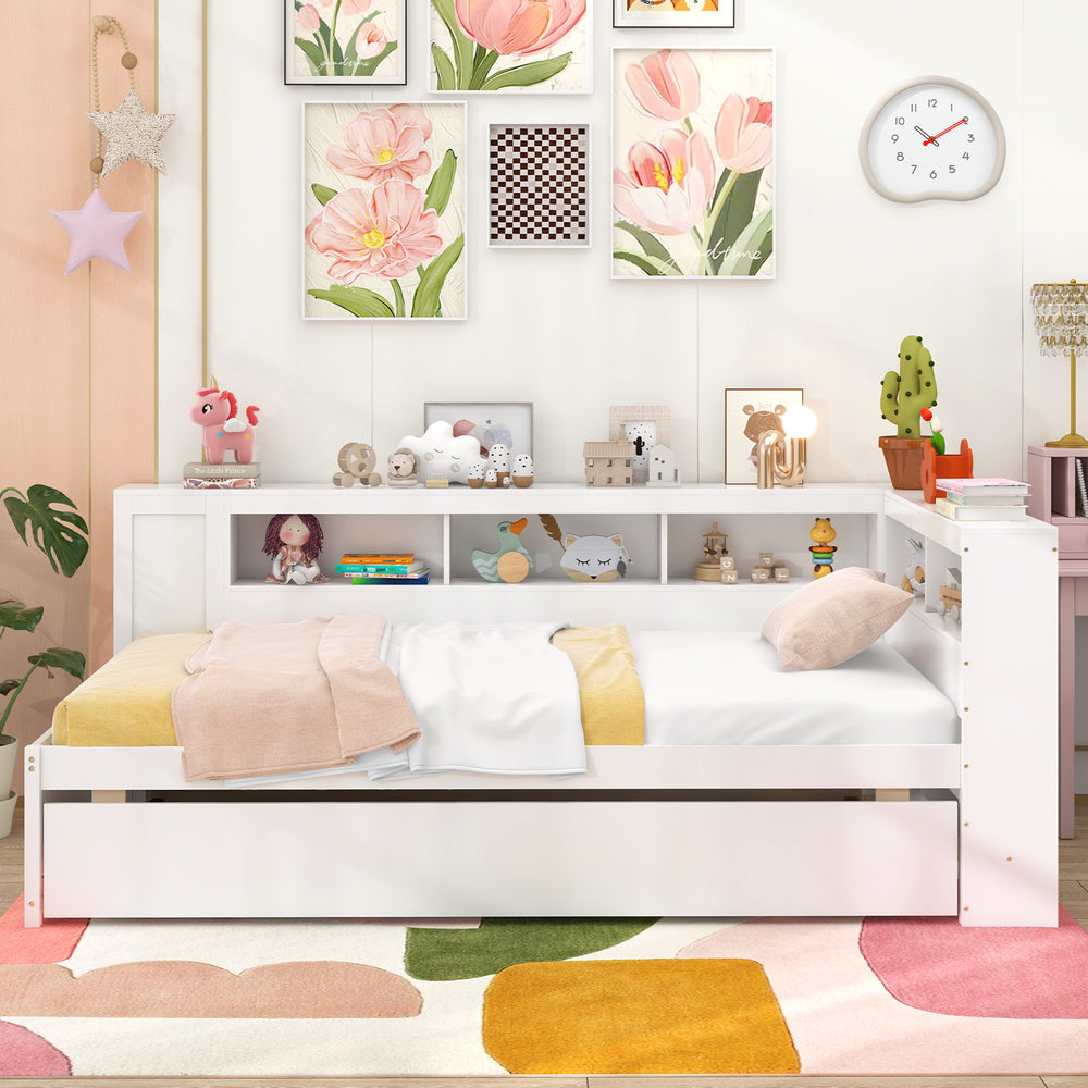 Twin size daybed platform bed frame in white with trundle and bedside shelves, perfect for kids' rooms and storage.
