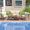 4-piece patio rattan furniture set with white cushions and a 2-tier coffee table, perfect for outdoor relaxation.
