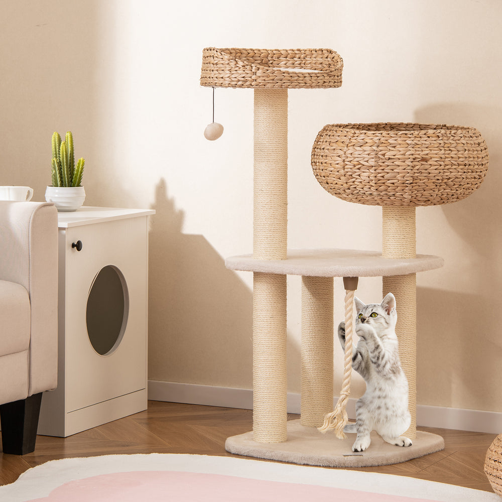 41 Inch Rattan Cat Tree with Napping Perch-White - Gallery View 1 of 10