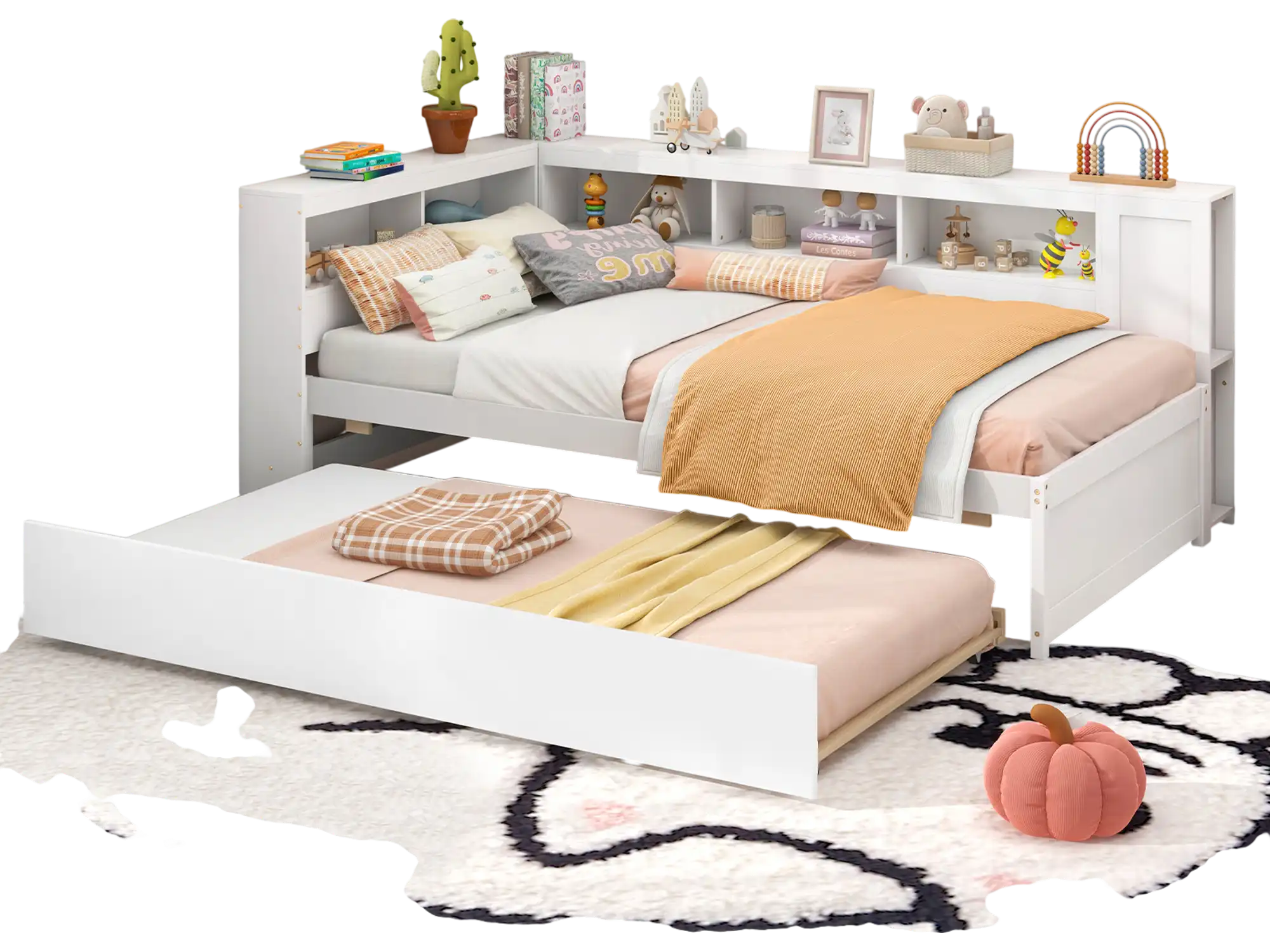 Costway Twin Daybed Platform Bed Frame with Trundle & Bedside Shelves White 57621934 New