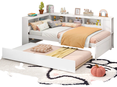 Costway Twin Daybed Platform Bed Frame with Trundle & Bedside Shelves White 57621934 New
