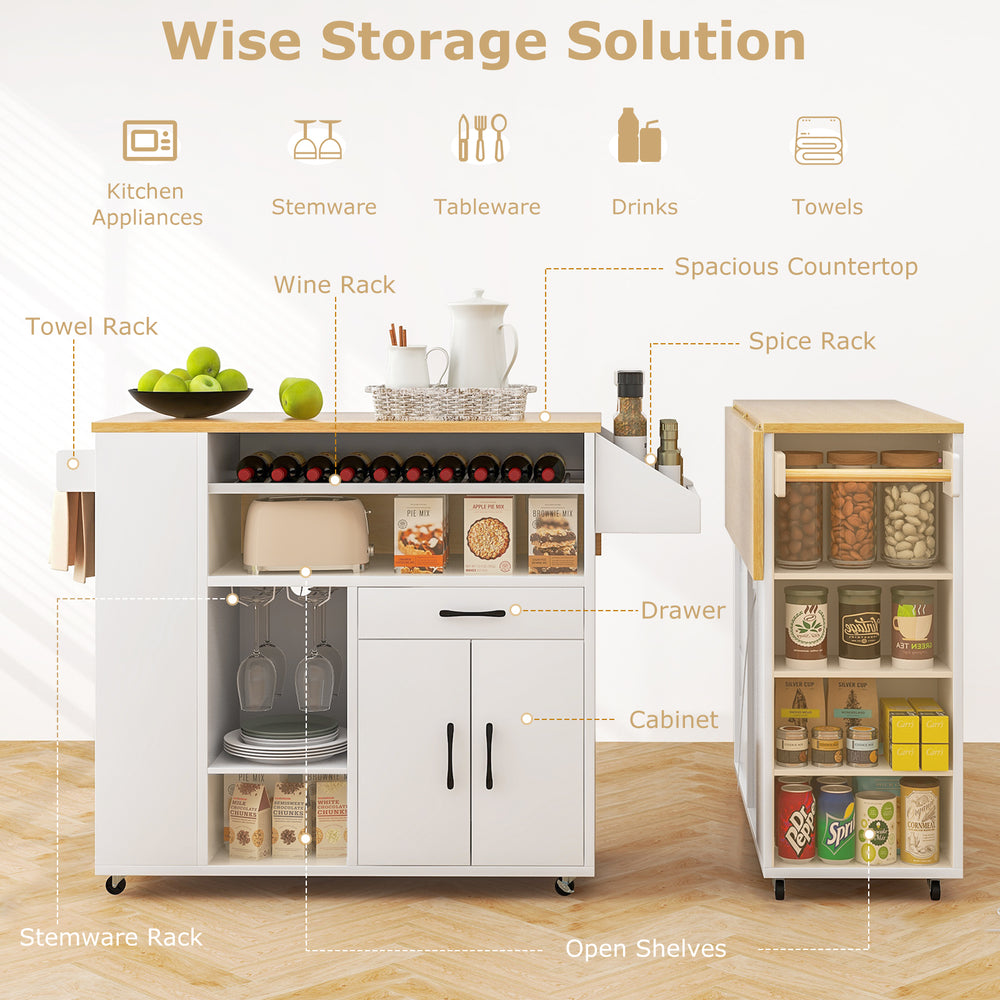 Rolling kitchen island cart in white and natural wood, featuring ample storage, power outlets, and a space-saving.