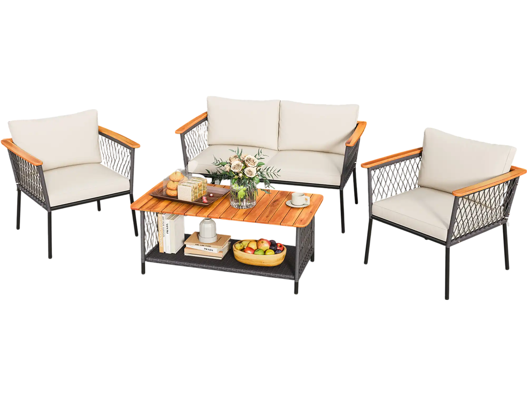 Costway 4-Piece Patio Rattan Furniture Set w/ 2-Tier Coffee Table White 94158672 New