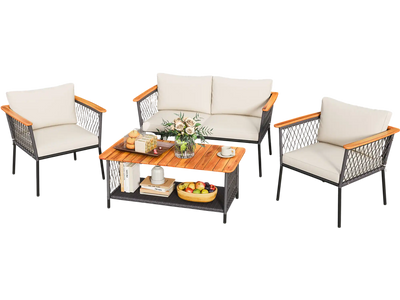 Costway 4-Piece Patio Rattan Furniture Set w/ 2-Tier Coffee Table White 94158672 New