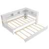 Twin size daybed platform bed frame in white with trundle and reversible bookshelf headboard for versatile storage.