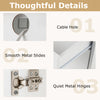 Close-up of cable hole and quiet metal hinges on a white and natural rolling kitchen island cart for dining room use.