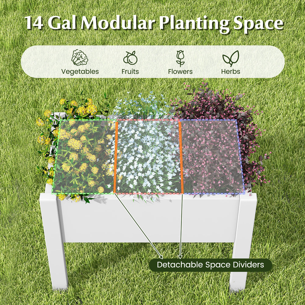 Modular 53L raised bed planter box with detachable dividers for organized planting of vegetables, flowers, and herbs.