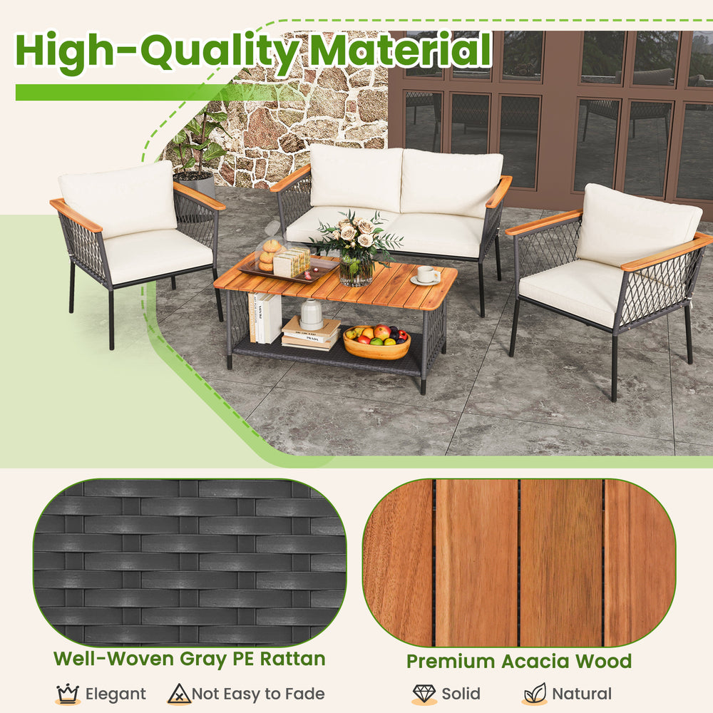 4-piece patio rattan furniture set featuring gray PE rattan and solid acacia wood, ideal for outdoor relaxation.