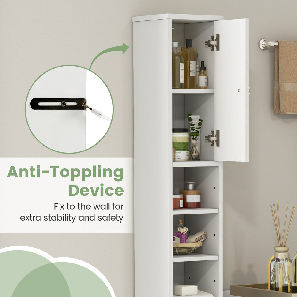 Freestanding slim bathroom cabinet in white with adjustable shelves and anti-toppling device for safety and stability.