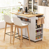 Rolling kitchen island cart in white and natural wood, featuring ample storage, power outlets, and a space-saving drop.