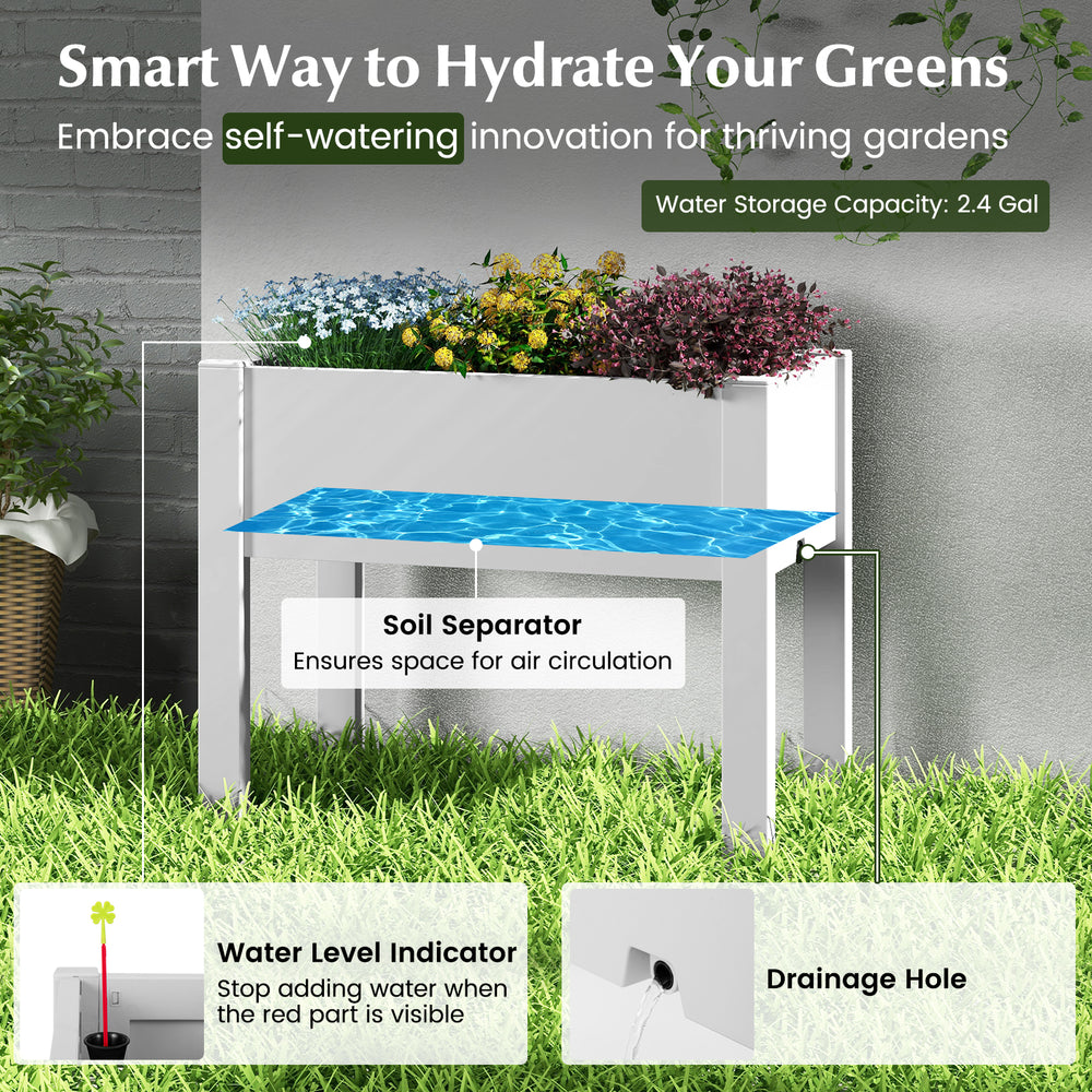 Self-watering raised bed planter box in white with water level monitor, ideal for gardens and patios.