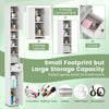 Freestanding slim bathroom cabinet in white with 2 storage cabinets, 5 adjustable shelves, and 1 drawer for small.