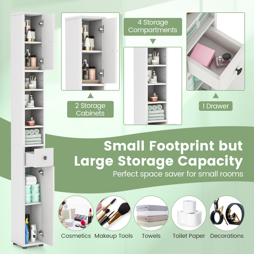 Freestanding slim bathroom cabinet in white with 2 storage cabinets, 5 adjustable shelves, and 1 drawer for small.