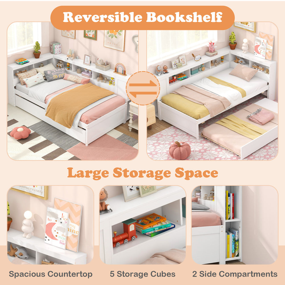 Twin size daybed with trundle and reversible bookshelf headboard, featuring spacious storage and solid wood.