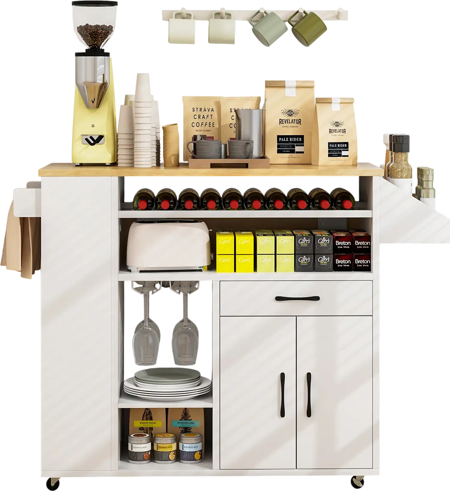 Costway Rolling Kitchen Island Cart w/ Power Outlet White/Natural 92564783 New