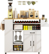 Rolling kitchen island cart in white and natural, featuring ample storage, power outlets, and a space-saving drop leaf.