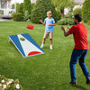 Portable 3 x 2FT cornhole board set in blue with foldable legs, featuring a child and adult playing outdoors.