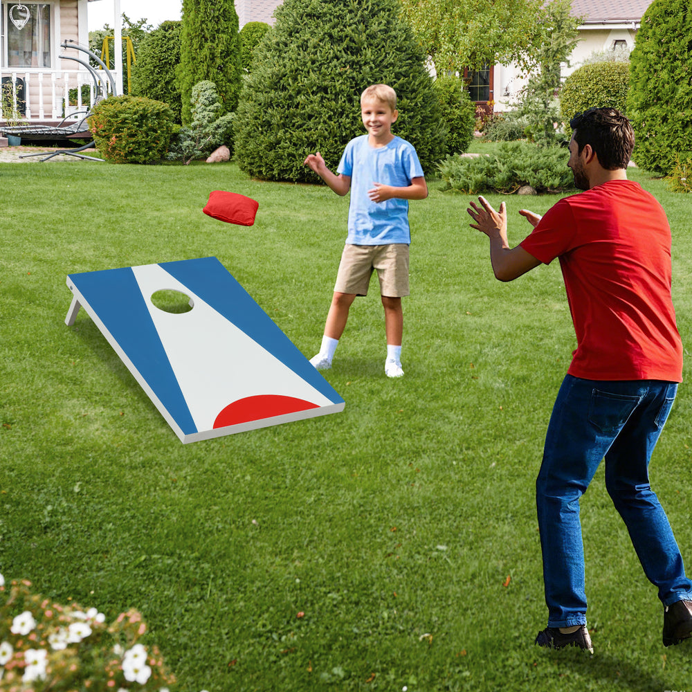 Portable 3 x 2FT cornhole board set in blue with foldable legs, featuring a child and adult playing outdoors.