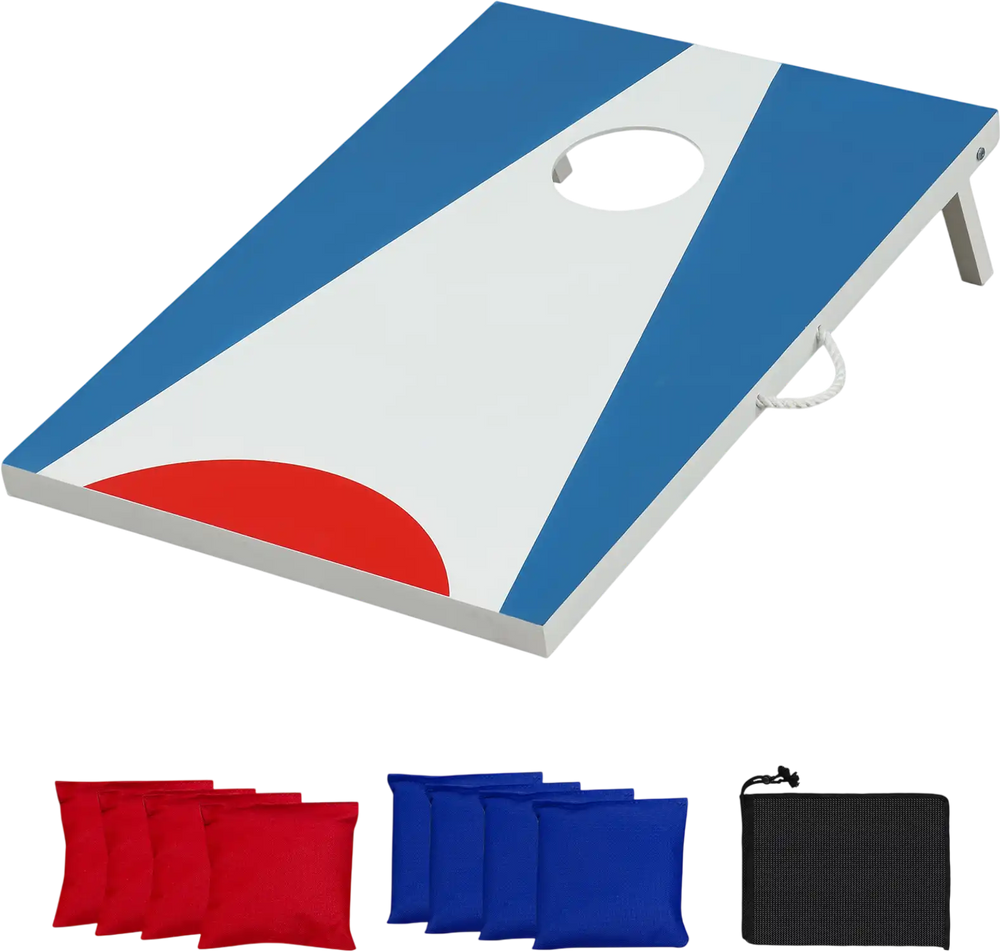 Portable 3 x 2FT cornhole board set in blue with foldable legs, includes 4 red and 4 blue tear-resistant bean bags.