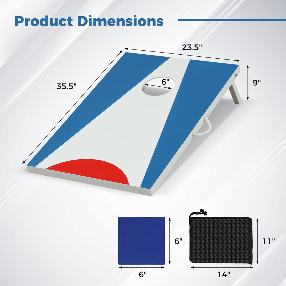 Portable cornhole board set with blue design, foldable legs, and dimensions of 35.5 x 23.5 inches for outdoor fun.