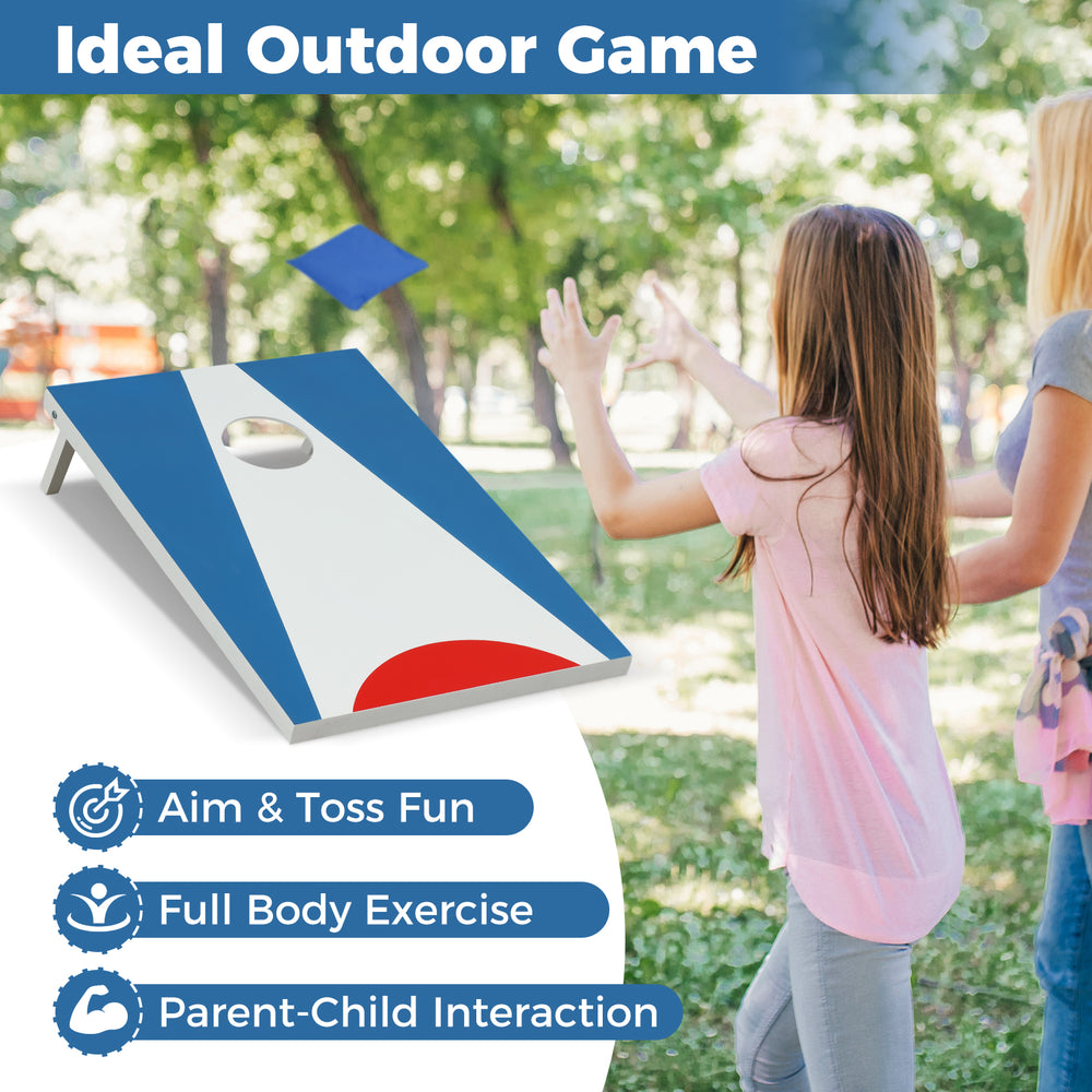 Portable 3 x 2FT cornhole board set in blue with foldable legs, ideal for outdoor fun and full body exercise.