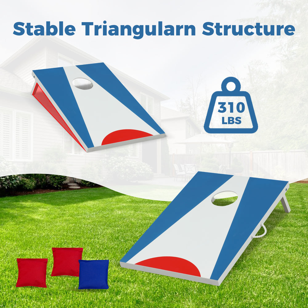 Portable 3 x 2FT cornhole board set with foldable legs, featuring a blue design and supporting up to 310 lbs for.