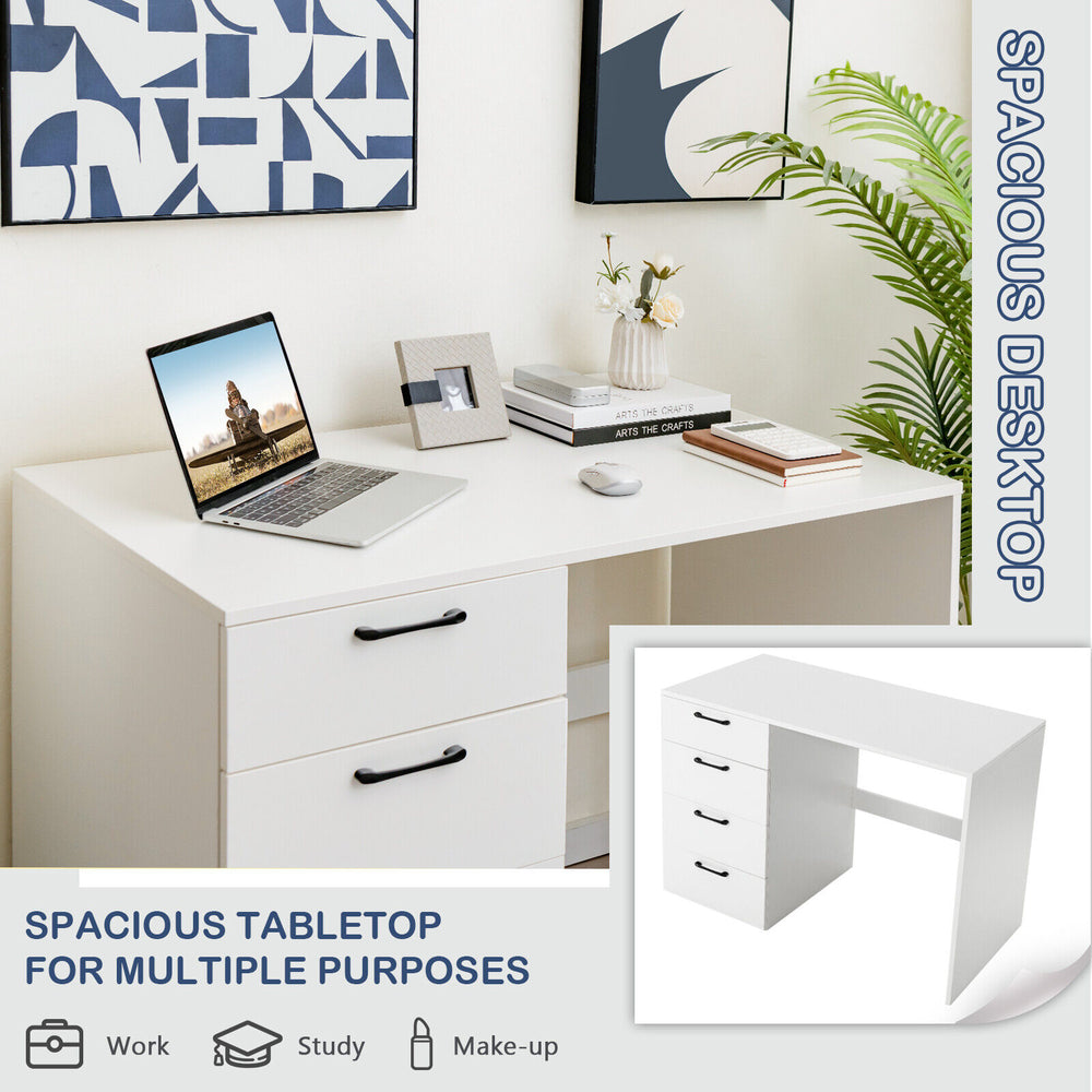 43.5-inch white computer desk with spacious tabletop and 4 large drawers for work, study, and makeup storage.