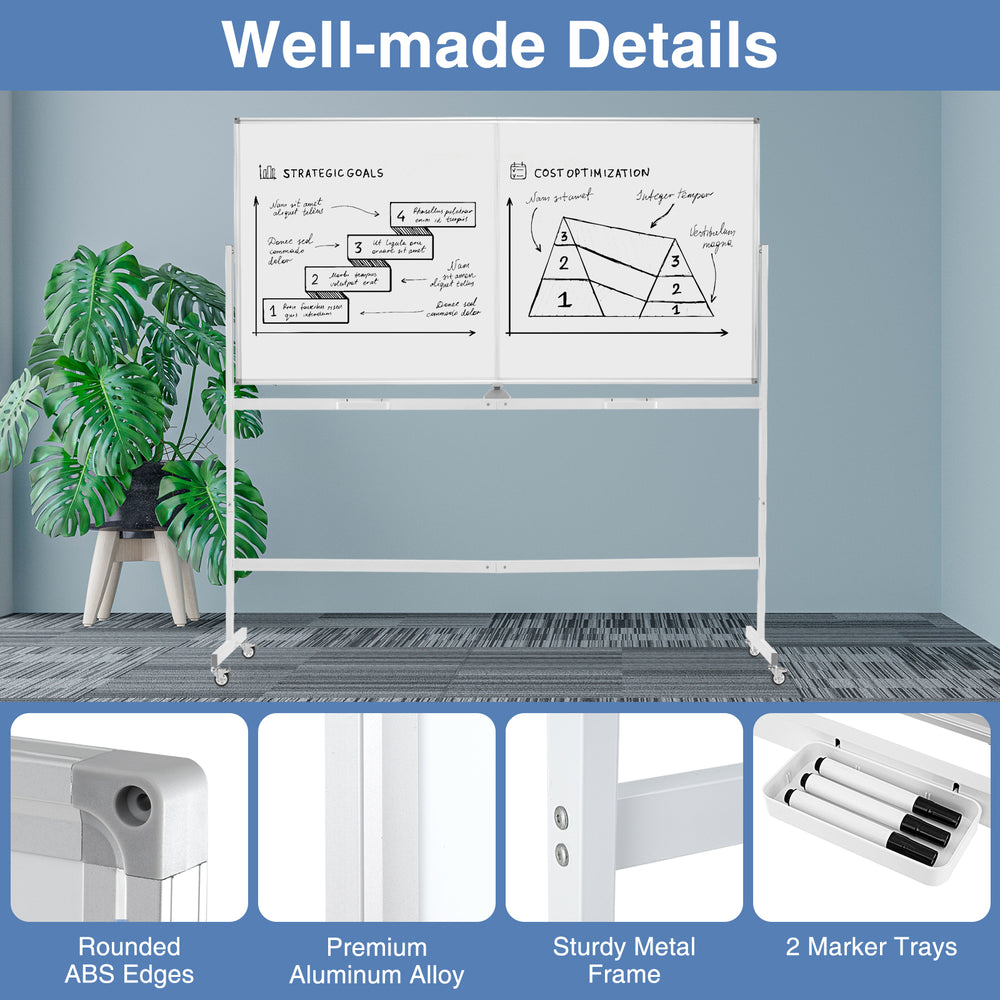 Double-sided magnetic whiteboard on wheels with aluminum alloy frame, featuring 360° rotation and sturdy construction.