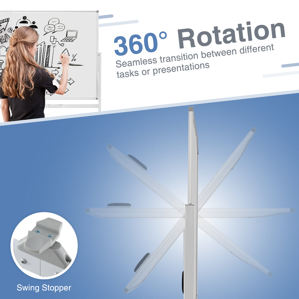 Double-sided magnetic whiteboard with 360° rotation, aluminum frame, and rolling casters for versatile use in offices.
