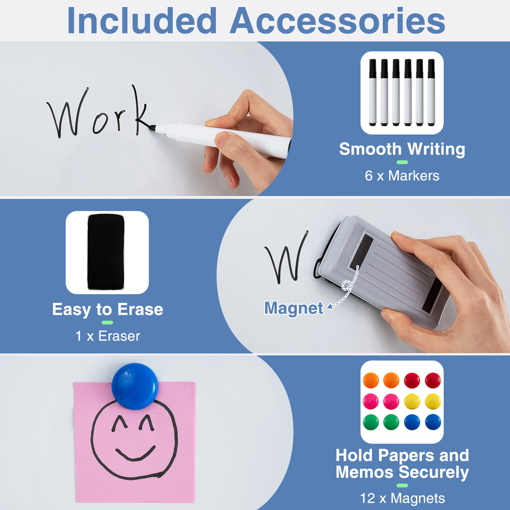 Included accessories for the rolling double-sided magnetic whiteboard: 6 markers, 1 eraser, and 12 magnets for secure.