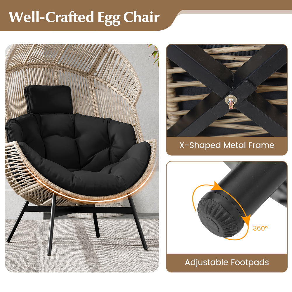 Oversized black wicker egg chair with ergonomic design, thick cushions, and adjustable footpads for versatile comfort.