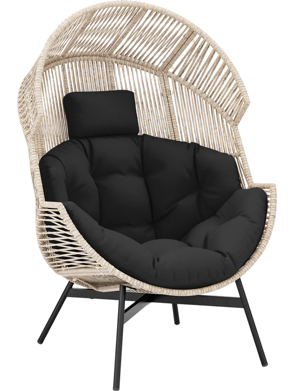 Wicker oversized egg style chair with black cushions and headrest, featuring a light brown rattan design for versatile.