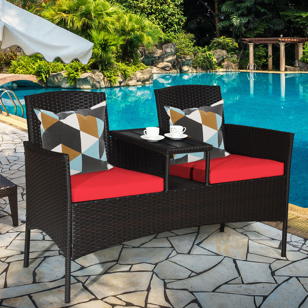 Wicker Patio Conversation Furniture Set with Removable Cushions and Table-Red - Gallery View 1 of 9
