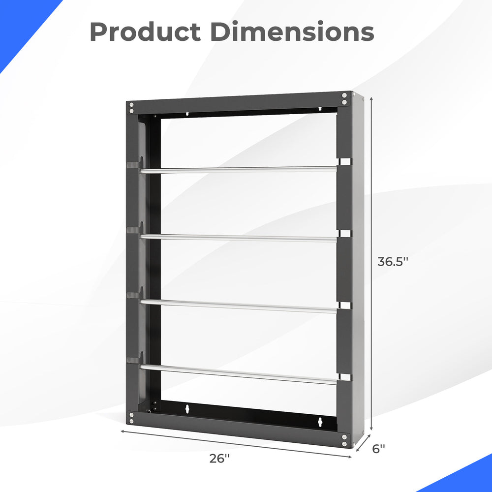 Wire spool rack dimensions showing a gray metal design with 4 rods, ideal for organizing cables and saving floor space.