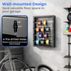 Wire spool rack with 4 removable rods in gray, wall-mounted design for organizing cables and saving garage space.