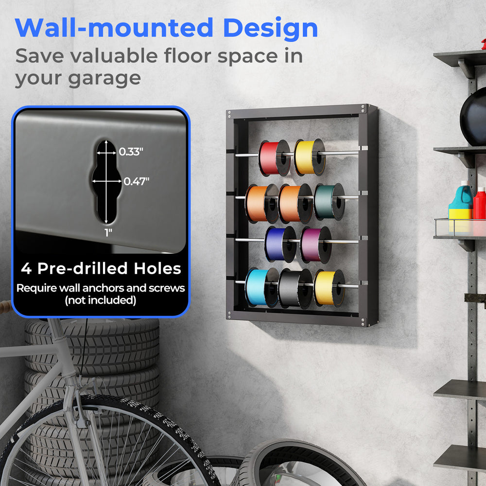 Wire spool rack with 4 removable rods in gray, wall-mounted design for organizing cables and saving garage space.