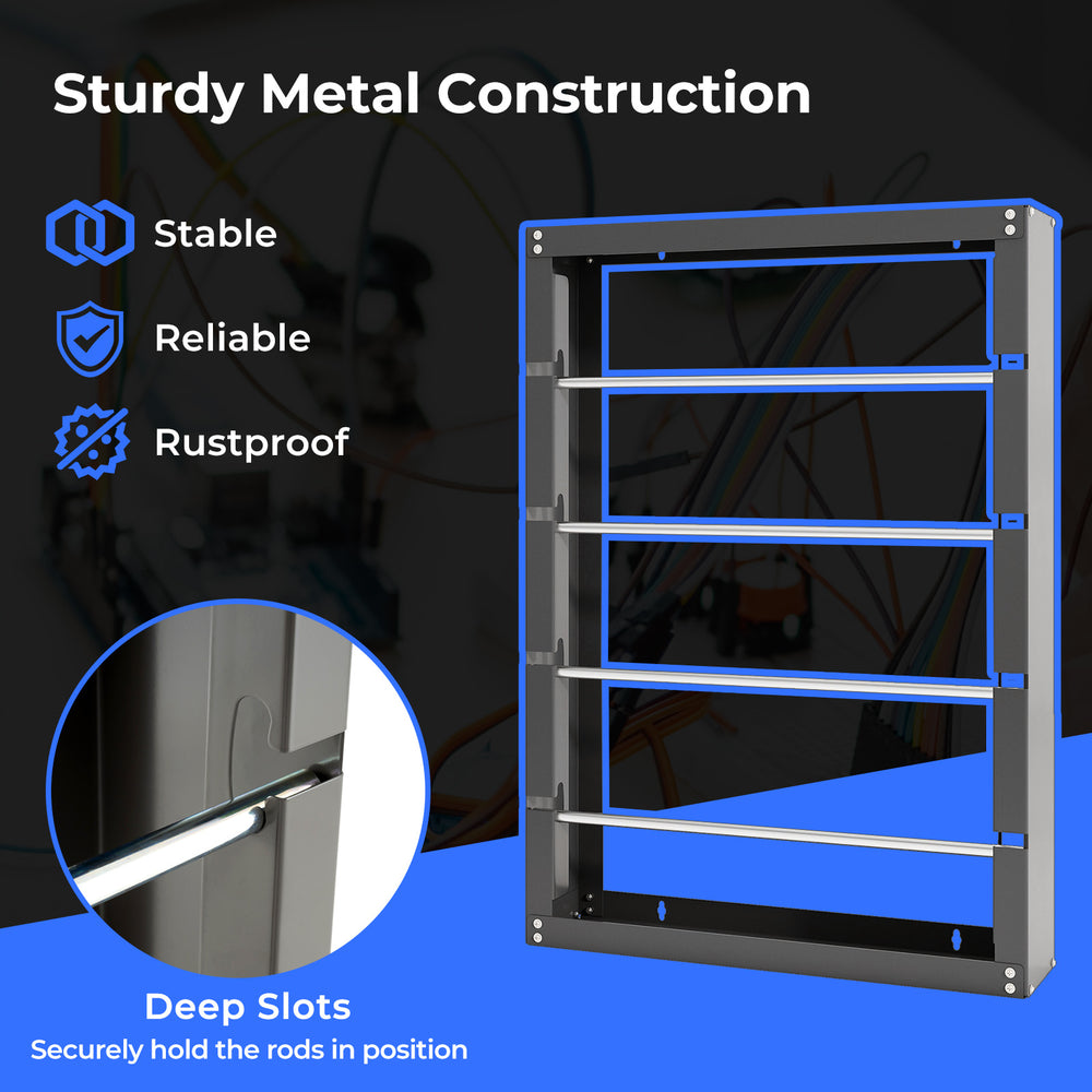 Wire spool rack with sturdy metal construction and deep slots, designed for organizing cables and wires in industrial.