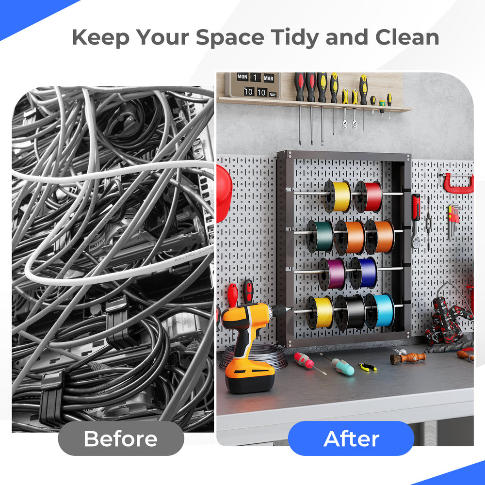 Wire spool rack with 4 removable rods for organizing cables, featuring sturdy metal construction and wall-mounted.