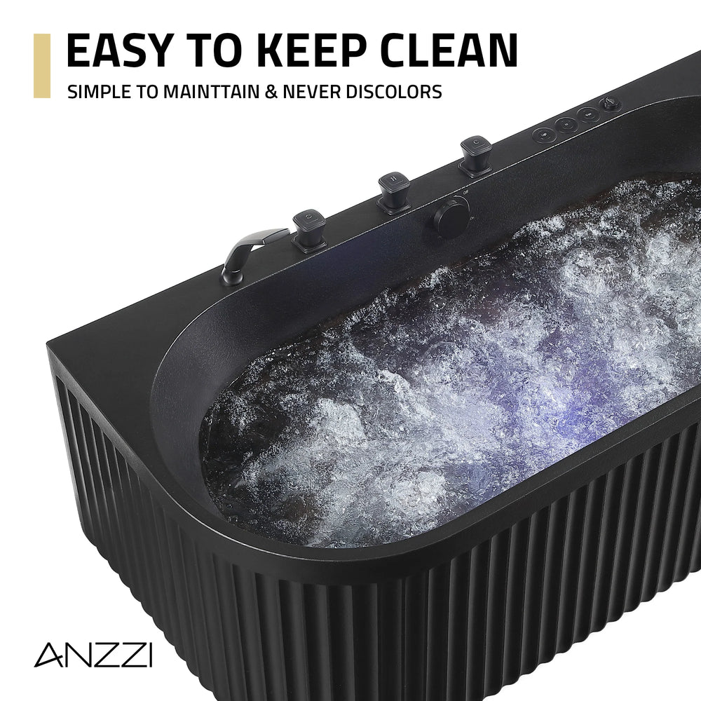 Anzzi Stone Belle Bathtub 67 x 32 in. Flat Bottom Freestanding with Massage Jets and Lights New
