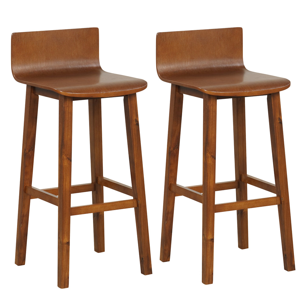 Set of 2 walnut wood bar stools with solid back and seat, perfect for 40"-43" bar tables in dining or kitchen spaces.
