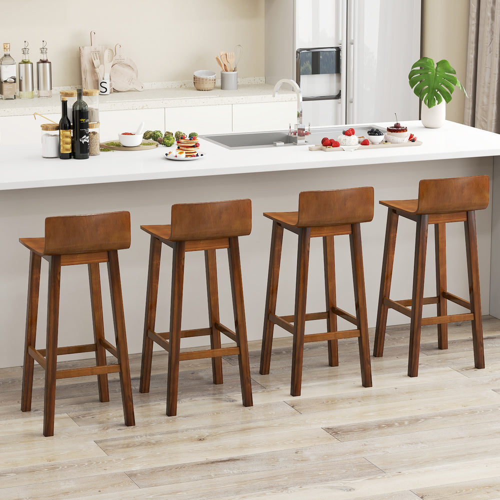 Set of 2 walnut wood bar stools with solid back, designed for comfort and stability, perfect for kitchen or dining.