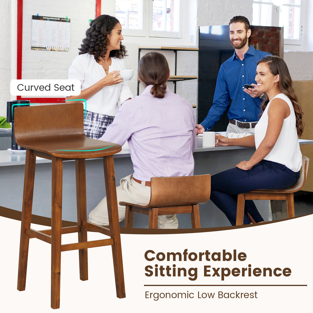 Wood bar stool set with solid back and seat in walnut, designed for comfort and stability, ideal for dining or pub use.