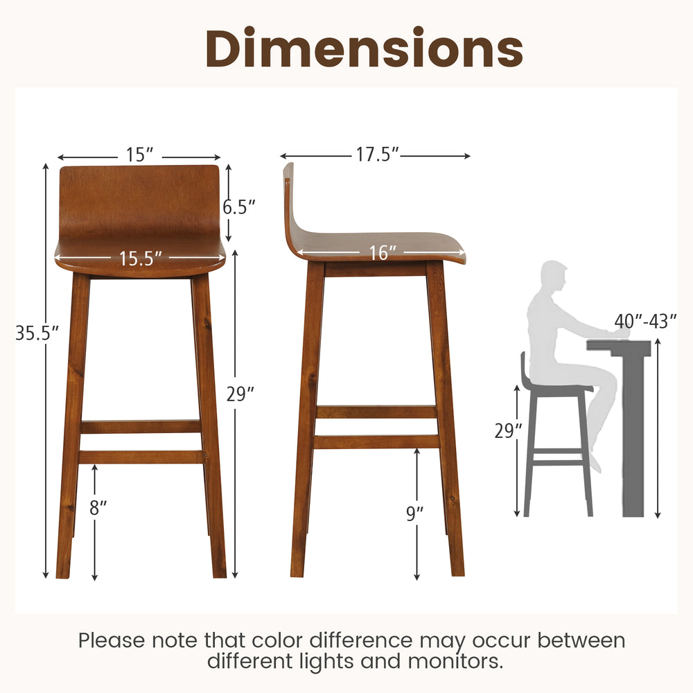 Dimensions of 29-inch walnut wood bar stools with solid back, designed for comfort and stability at bar tables.
