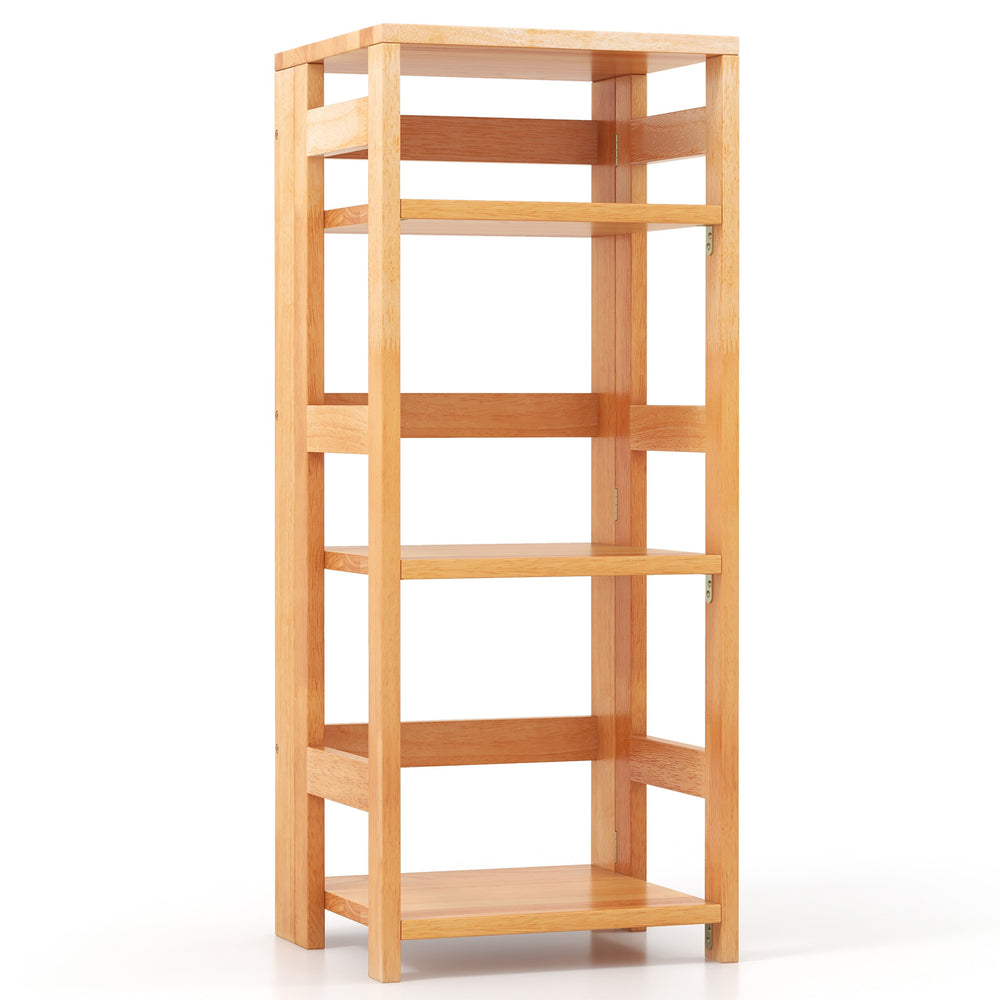 4-tier bookshelf made of natural rubber wood with side fences, perfect for organizing items in living rooms or offices.