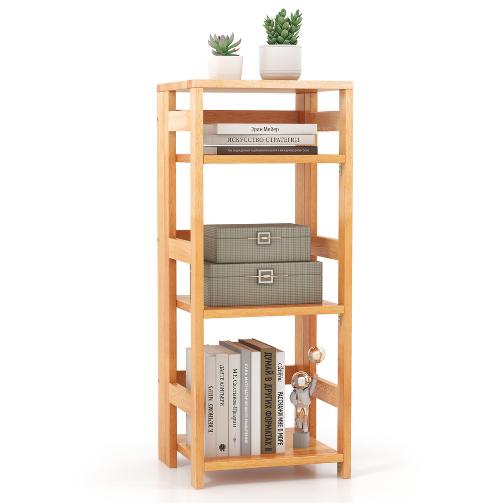 4-tier rubber wood bookshelf with side fences, ideal for organizing books and decor in living room or office.